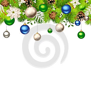 Christmas horizontal seamless background with fir branches, balls, poinsettia flowers and cones. Vector illustration.