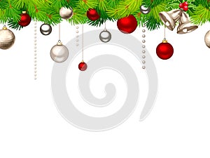 Christmas horizontal seamless background with fir branches and balls. Vector illustration.