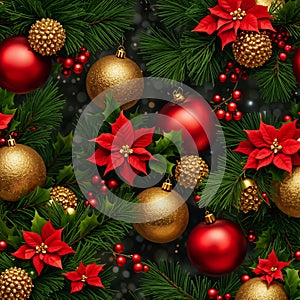 christmas horizontal seamless background, merry christmas wallpaper, golden balls, red lights decoration, generative AI