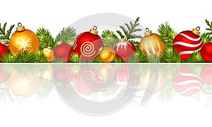 Christmas horizontal seamless background with red and gold balls. Vector illustration.