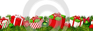 Christmas horizontal seamless background with red and green gift boxes. Vector illustration.