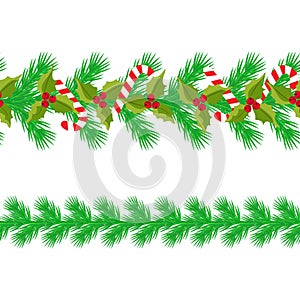 Christmas horizontal seamless background. Vector illustration. seamless strip of fir branches, candy, holly berry