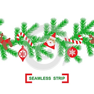 Christmas horizontal seamless background. Vector illustration. seamless strip of fir branches, Santa Claus, candy, deer, toys