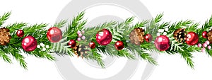 Christmas horizontal seamless border with fir branches, Christmas balls, and pine cones. Vector illustration