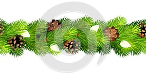 Christmas horizontal seamless border with fir branches, pine cones, and Christmas lights. Vector illustration.