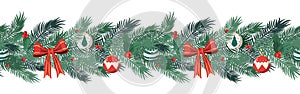 Christmas horizontal seamless border with fir tree branches, bows and baubles. Christmas and New Year design