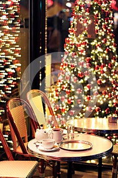 Christmas Hot chocolate on a cafe Terrace Paris, France Christmastime