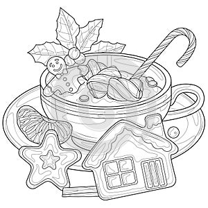 Christmas hot chocolate. Coloring book antistress for adults.