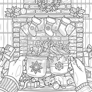 Christmas hot chocolate in hands by the fireplace. Coloring book antistress for adults.