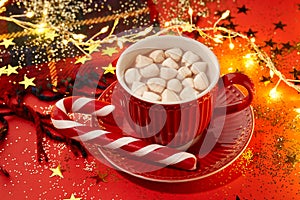 Christmas hot chocolate with marshmallow and candy cane