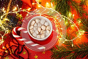Christmas hot chocolate with marshmallow and candy cane