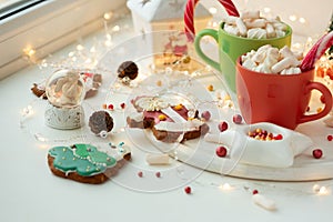 Christmas hot chocolate with marshmallow and gingerbread cookies on white wooden table. Traditional hot drink at Christmas