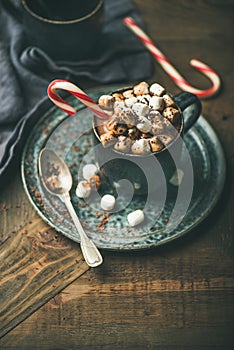 Christmas hot chocolate with marshmallows and cocoa, copy space