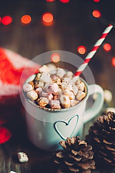 Christmas hot chocolate with marshmallows and cocoa powder
