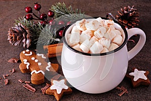 Christmas hot chocolate with marshmallows, cookies and decor, close up against a dark background