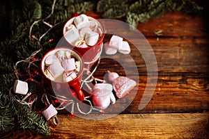 Christmas Hot Chocolate with Marshmallows in Red Mugs, square