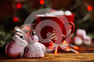 Christmas Hot Chocolate with Marshmallows in Red Mugs, square