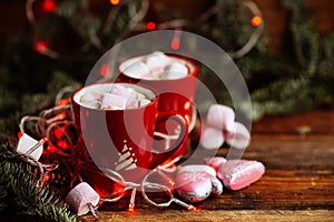 Christmas Hot Chocolate with Marshmallows in Red Mugs, square