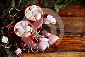 Christmas Hot Chocolate with Marshmallows in Red Mugs, square