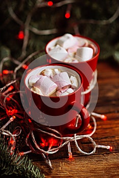 Christmas Hot Chocolate with Marshmallows in Red Mugs, square