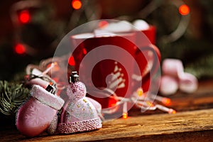 Christmas Hot Chocolate with Marshmallows in Red Mugs, square