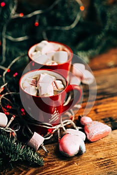 Christmas Hot Chocolate with Marshmallows in Red Mugs, square