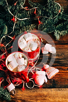 Christmas Hot Chocolate with Marshmallows in Red Mugs, square