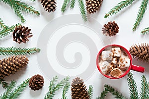 Christmas hot chocolate with marshmallows and christmas tree branches pine cone on the white. Top view with copy space.