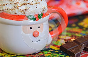 Christmas Hot Chocolate in Santa Mug With Whipped Cream and Shaved Chocolate