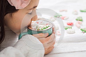 Christmas hot chocolate with snowman marshmallow in the cup