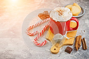 Christmas with hot chocolate, spices, candy cane, fir tree and c