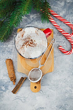 Christmas with hot chocolate, spices, candy cane, fir tree and cookies.