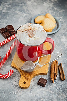 Christmas with hot chocolate, spices, candy cane, fir tree and cookies