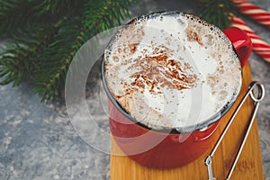 Christmas with hot chocolate, spices, candy cane, fir tree and cookies