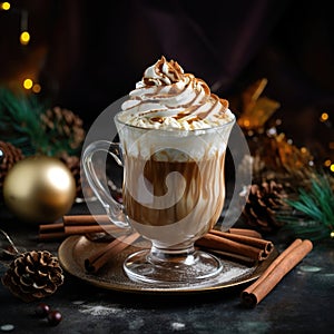 A Christmas hot coffee drink in a glass cup with cinnamon sticks