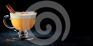 Christmas hot drink eggnog with cinnamon in a glass on a dark background with copy space