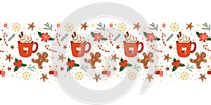 Christmas hot drink, gingerbreads seamless horizontal border with red cup, mug, coffee, cacao, tea, Christmas hot