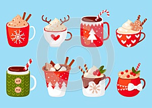 Christmas hot drinks festive vector icon set. Mulled wine  tea  coffee  chocolate  eggnogg  cocktail