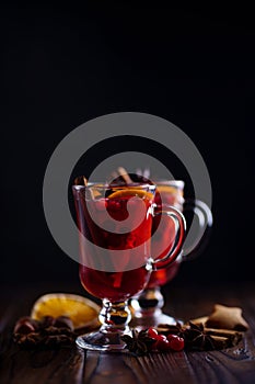 Christmas hot mulled wine with spices and orange