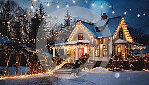 A Christmas house beautifully lit up at night amidst the snow covering the house and road