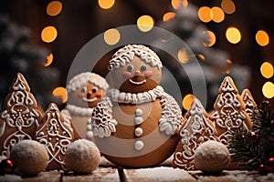 Christmas house, Christmas tree and gingerbread snowman on a background of festive golden bokeh. Ð¡hristmas baking, sweets. Hand