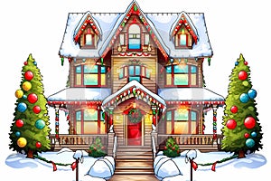 christmas house exterior, christmas decorations, winter desktop background, christmas card