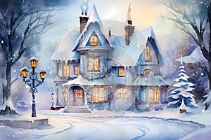 christmas house exterior, christmas decorations, winter desktop background, christmas card