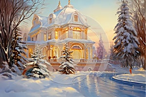 christmas house exterior, christmas decorations, winter desktop background, christmas card