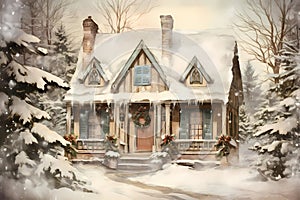 christmas house exterior, christmas decorations, winter desktop background, christmas card