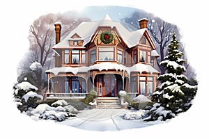 christmas house exterior, christmas decorations, winter desktop background, christmas card