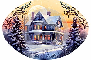 christmas house exterior, christmas decorations, winter desktop background, christmas card