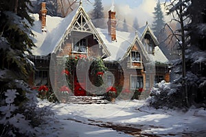 christmas house exterior, christmas decorations, winter desktop background, christmas card