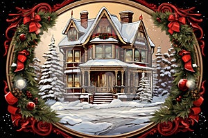 christmas house exterior, christmas decorations, winter desktop background, christmas card