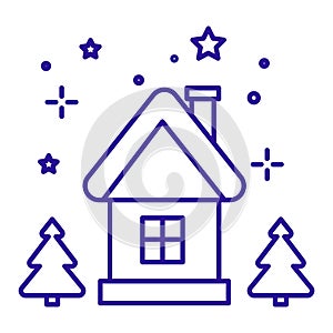 Christmas house with fir trees on winter night linear icon